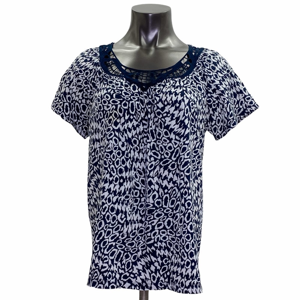 JONES New York Sport Navy Blue White Crochet Top